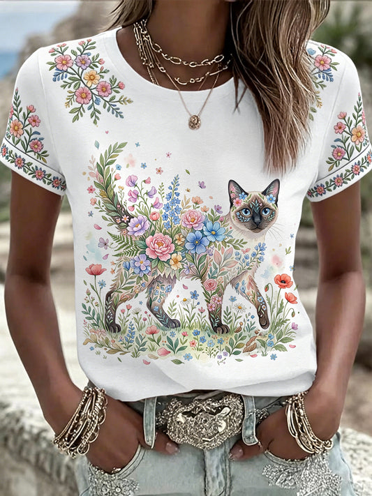 Damen-Floral-Katzen-Print-Casual-T-Shirt
