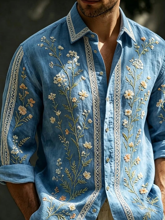 Herren-Retro-Shirt mit abstraktem Kunstprint, lässig, aus Baumwolle-Leinen-Mischgewebe