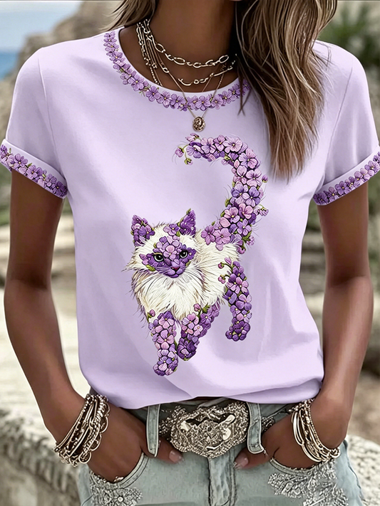 Damen Katze Blumenprint Freizeit-T-Shirt
