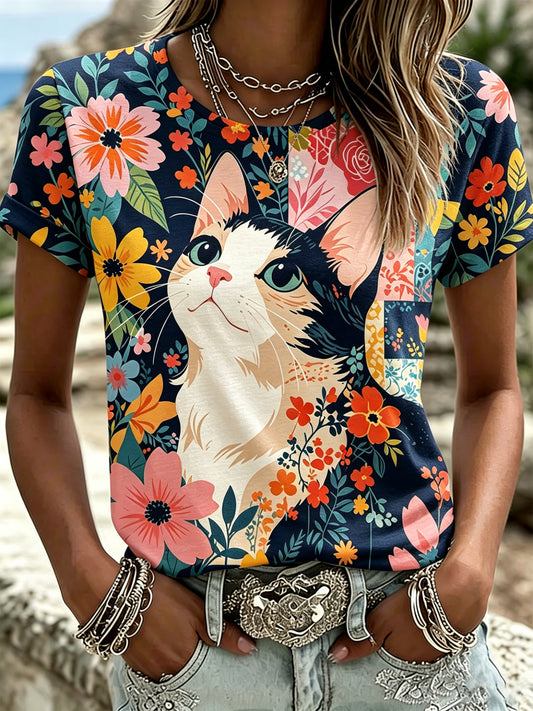 Damen-Kurzarm-Polo mit künstlerischem Tier-und Blumen druck