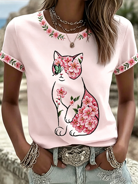 Damen Katze Floral Print Casual T-Shirt