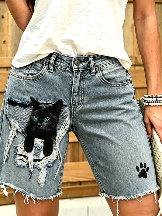 Damen-Jeans mit tierischem Kunst-Print, kurz