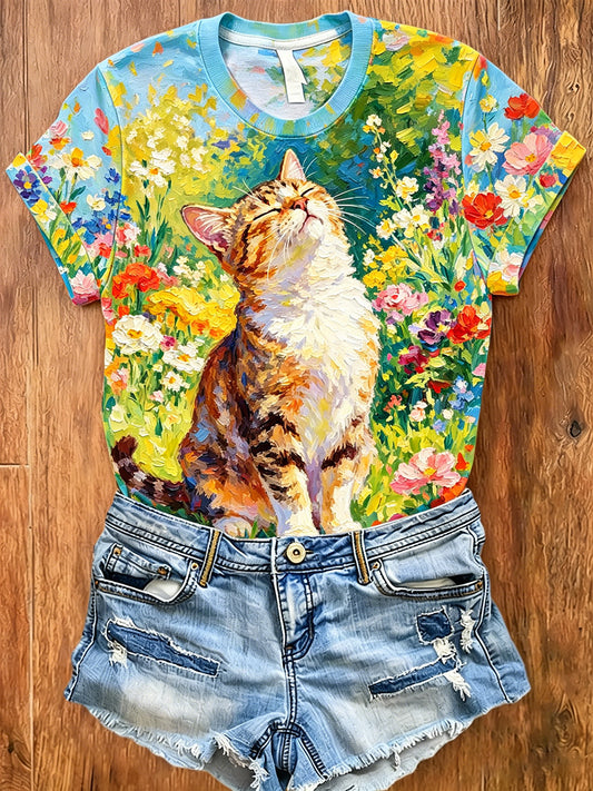 Damen-Polo mit kurzen Ärmeln und künstlerischem Tier- und Blumenmuster