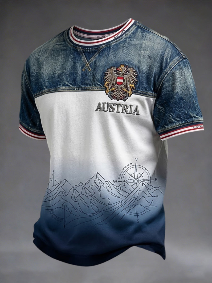 Retro österreichische Alpen Outdoor Patchwork Freizeit-T-Shirt