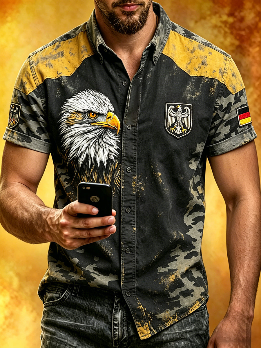 Herren-Shirt mit zerrissenem Camouflage-Print und künstlerischem Design, kurze Ärmel