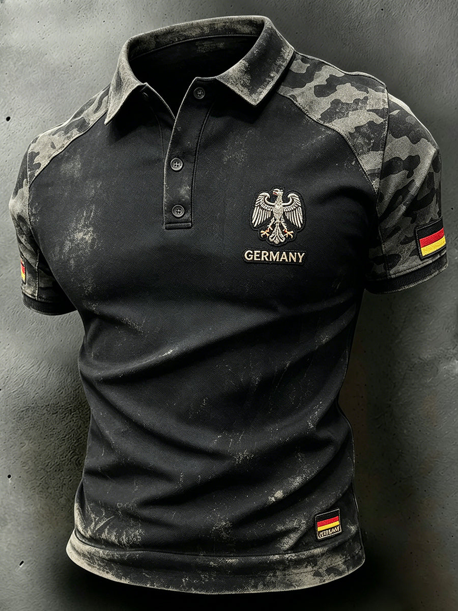 Herren-Poloshirt mit verwaschenem Camouflage-Print und künstlerischem Design, kurze Ärmel