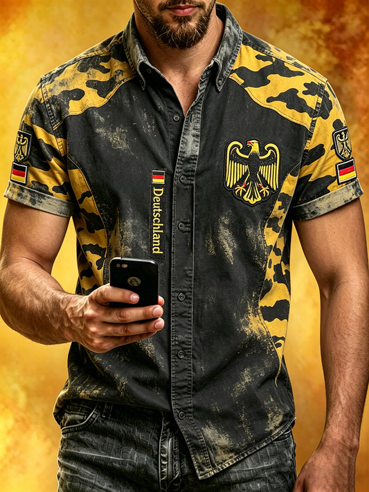 Herren-Shirt mit zerrissenem Camouflage-Print und künstlerischem Design, kurze Ärmel