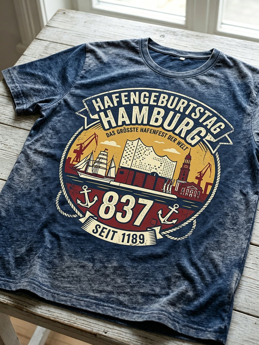 Herren-Hafengeburtstag-Print-T-Shirt mit kurzen Ärmeln