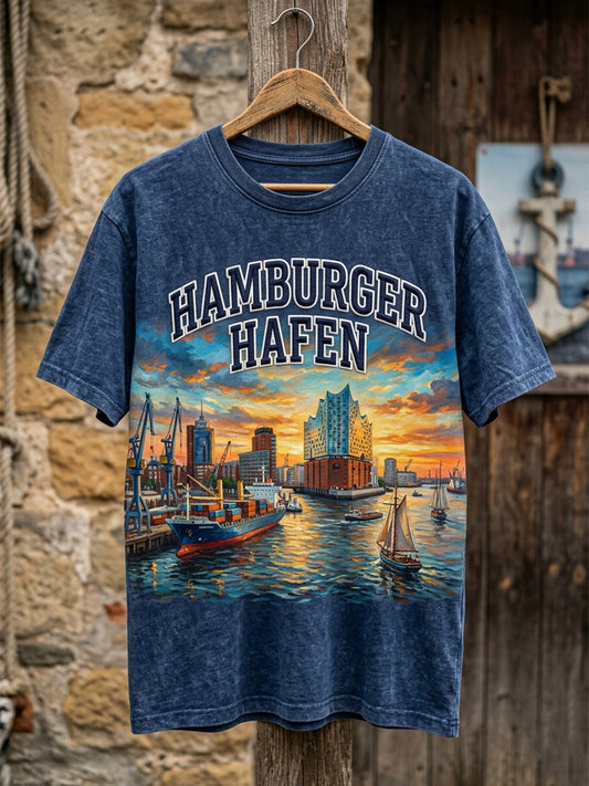 Herren-Hafengeburtstag-Print-T-Shirt mit kurzen Ärmeln