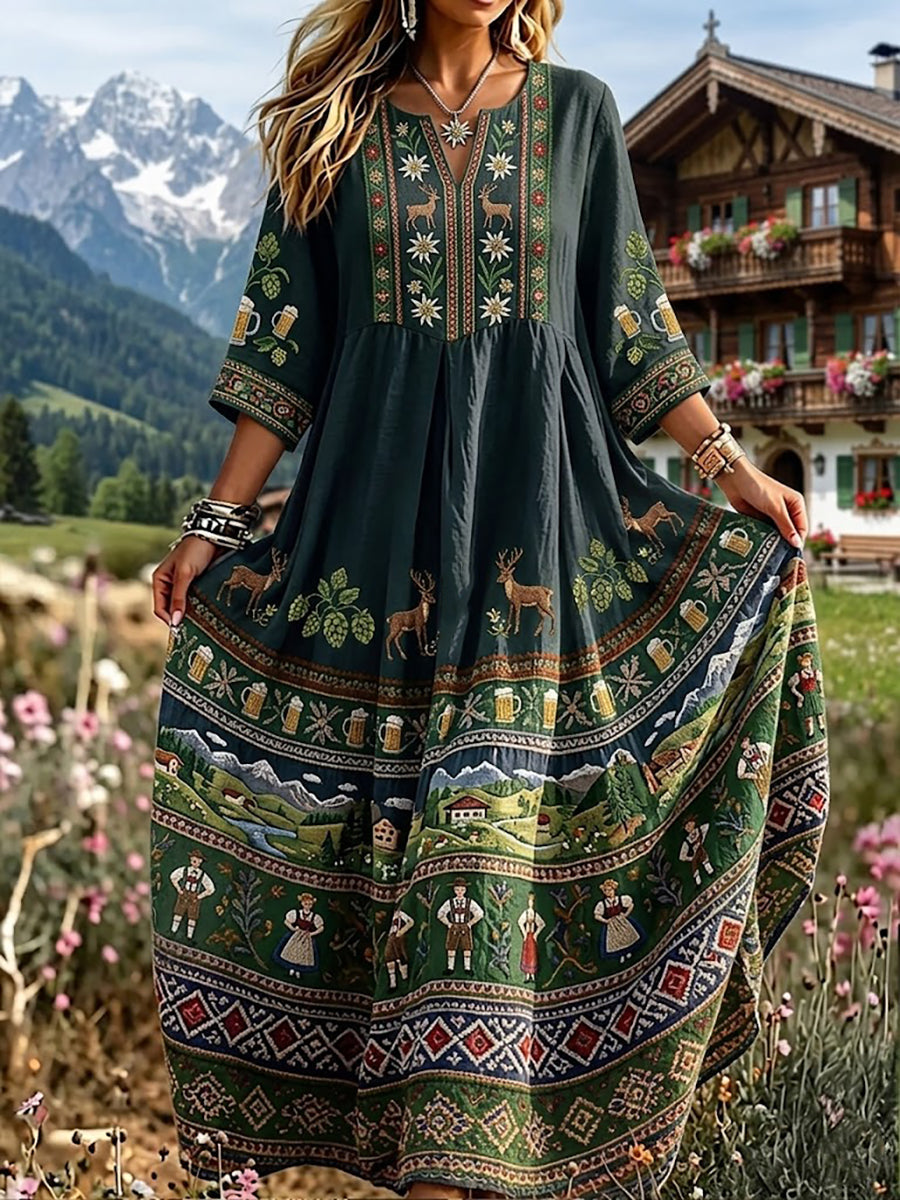 Damenkleid im bayerischen Stil mit floraler Kunstprint aus Leinen
