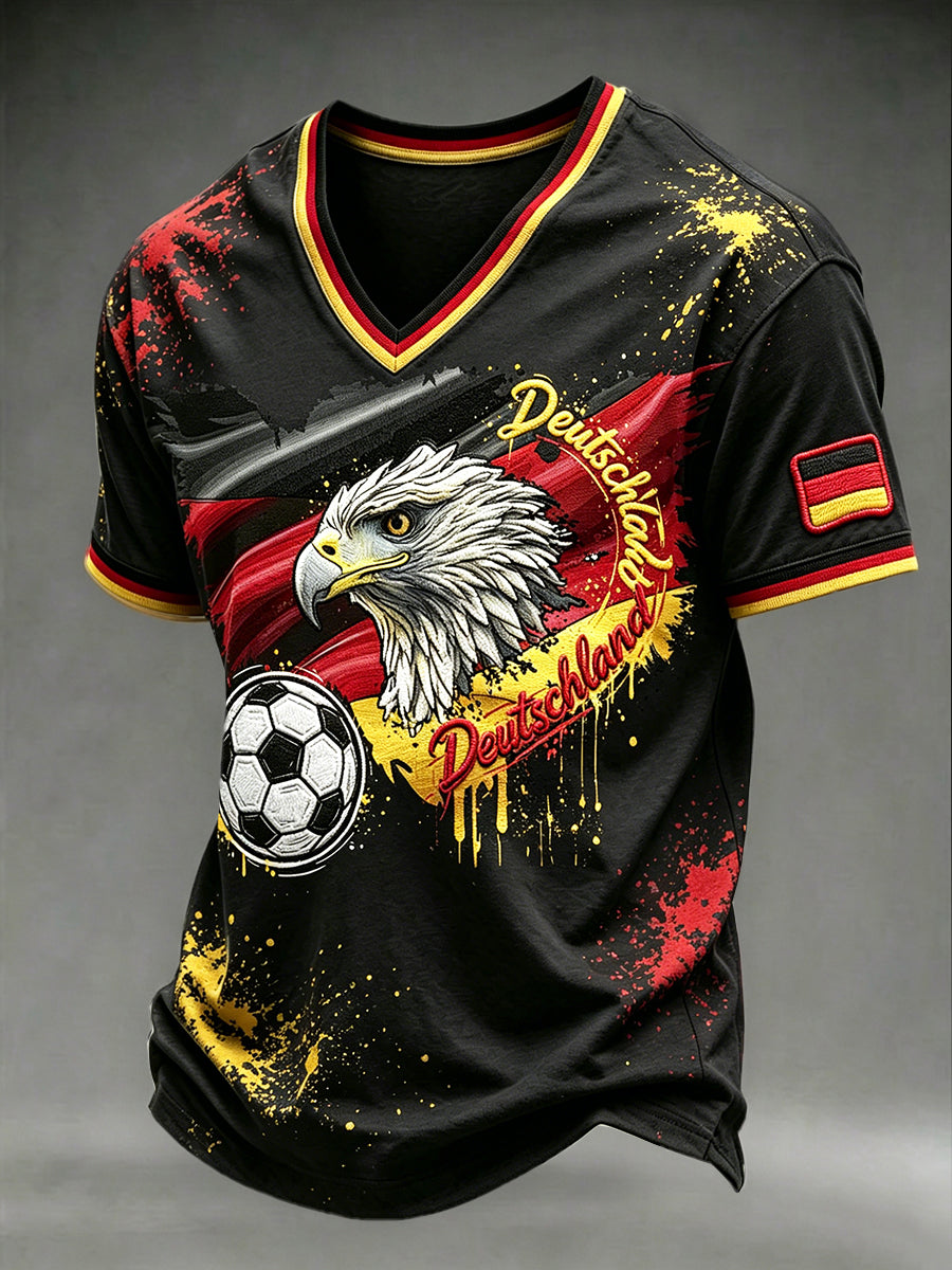 Herren-Deutschland-Fußballadler-Print schwarzes lässiges V-Ausschnitt-T-Shirt