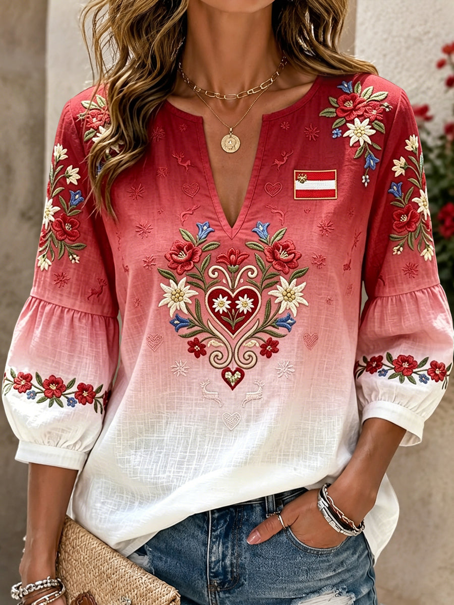 Damen Vintage Alpenrose Lässiges Baumwoll-Leinen-Top mit V-Ausschnitt