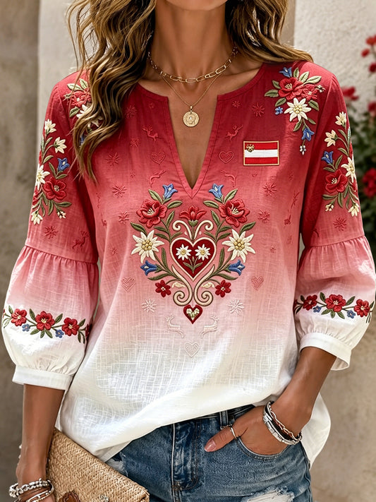 Damen Vintage Alpenrose Lässiges Baumwoll-Leinen-Top mit V-Ausschnitt