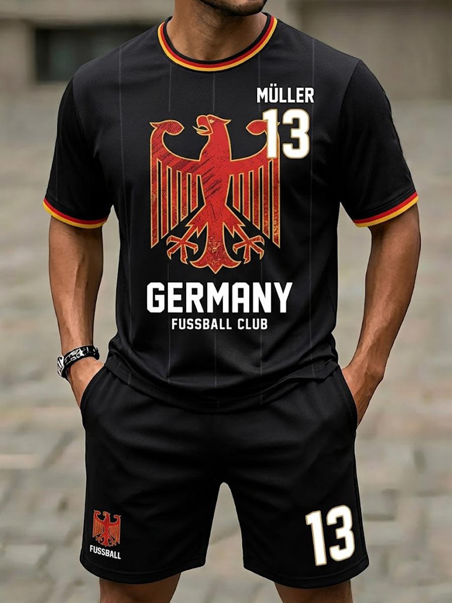 Herren-Set bestehend aus bedrucktem T-Shirt und Shorts für deutsche Fußballfans