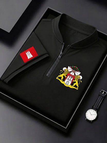 Herren-Hafengeburtstag-Print-T-Shirt mit Reißverschluss und kurzen Ärmeln