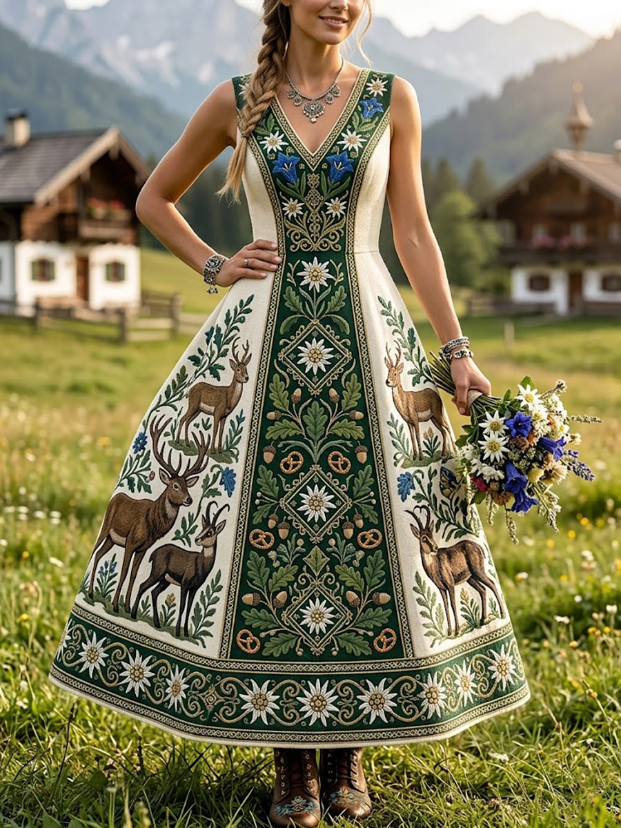 Damenkleid im bayerischen Stil mit floralem Kunstprint