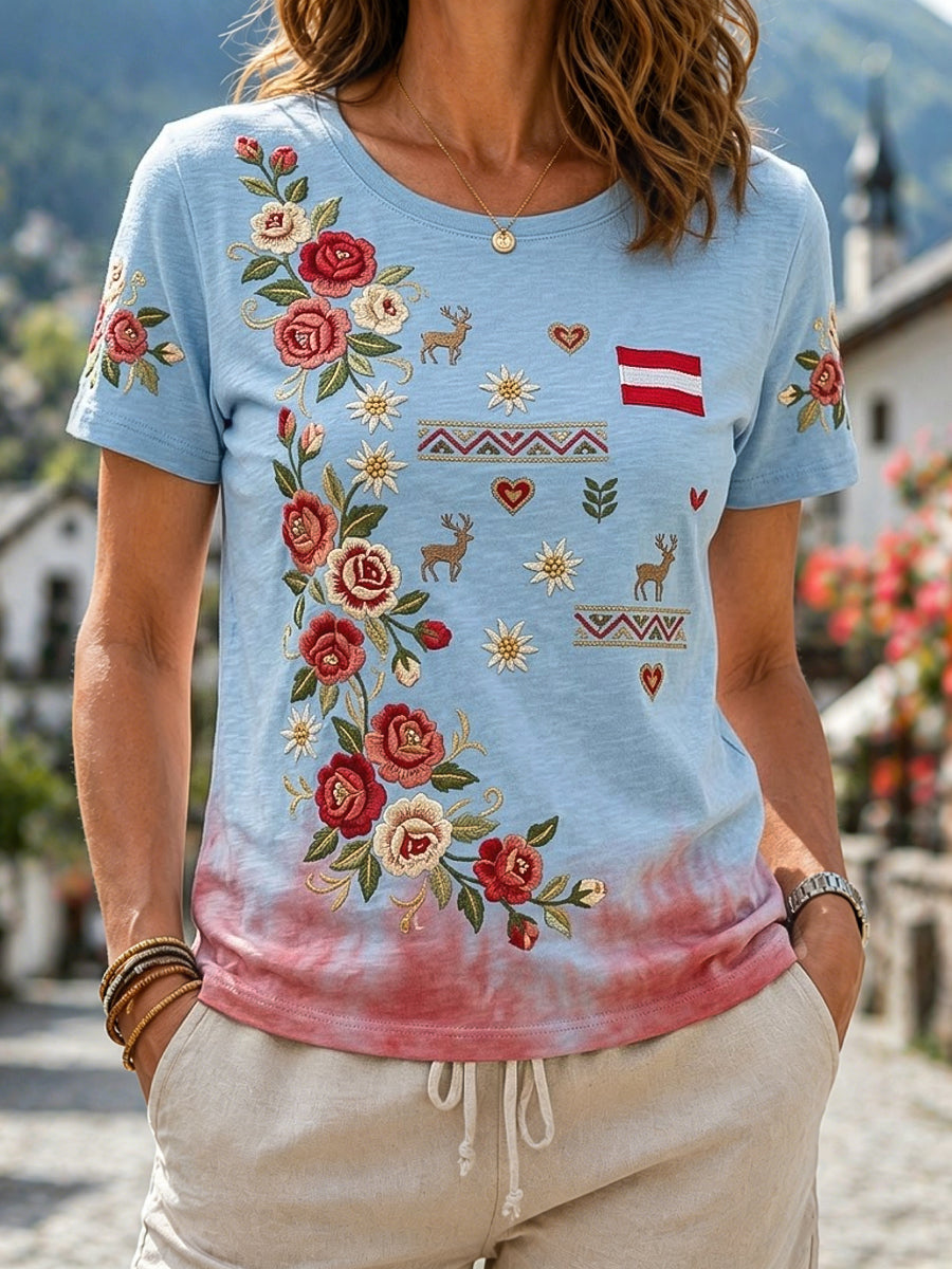Damen-Retro-Alpenrosen-Lässiges T-Shirt