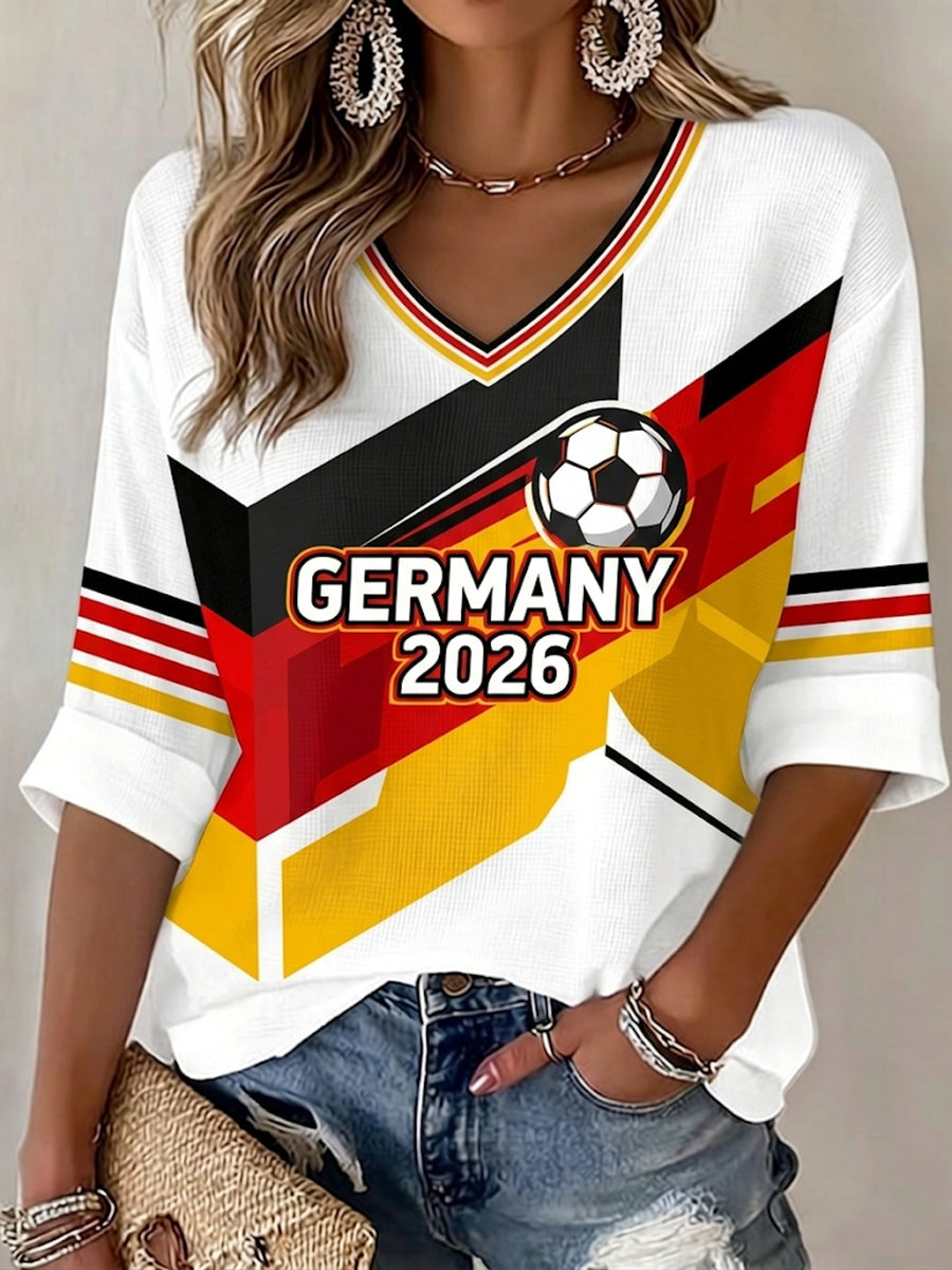 Damen-Deutschland-Fußballfan-Print-Waffel-T-Shirt