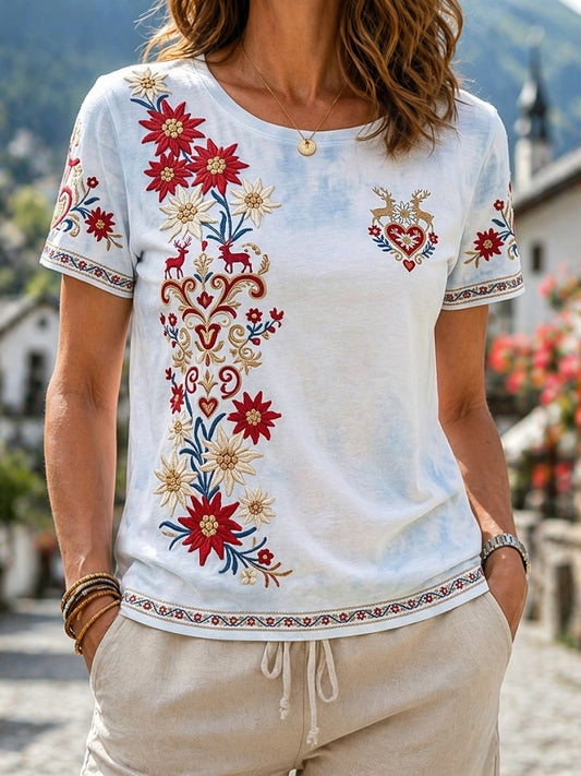 Damen-Retro-Edelweiß-T-Shirt im Ethno-Stil, lässig