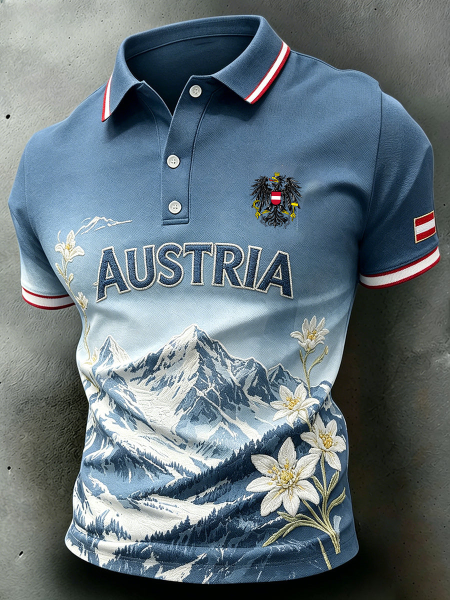 Herren-Poloshirt mit kurzen Ärmeln, Blumen- und Schneeberg-Print sowie Farbverlauf
