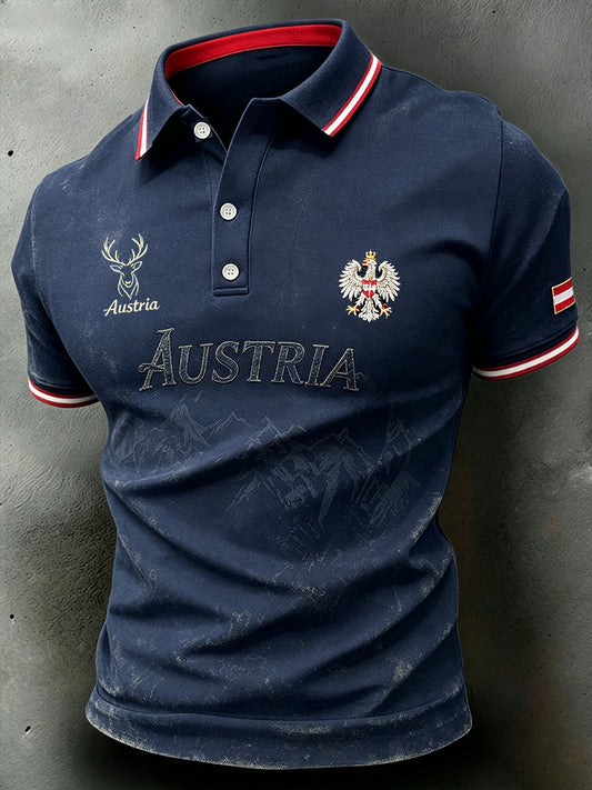 Herren-Poloshirt mit kurzen Ärmeln und farbenfrohem Berg-Print