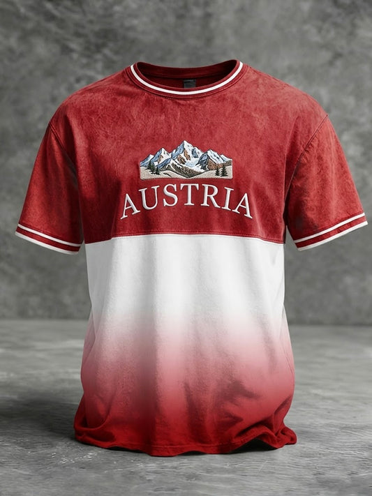 Vintage österreichische Alpen-Patchwork-Casual-T-Shirt