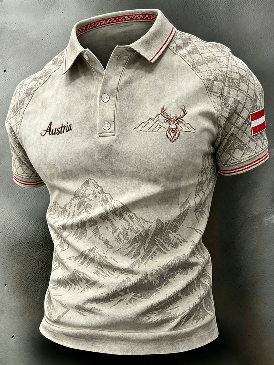 Herren-Poloshirt mit kurzen Ärmeln und farbenfrohem Berg-Print