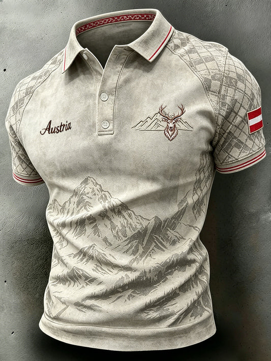 Herren-Poloshirt mit kurzen Ärmeln und farbenfrohem Berg-Print