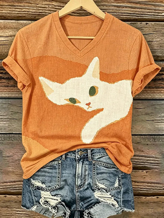 Damen-Katzenkunstdruck-Lässiges T-Shirt
