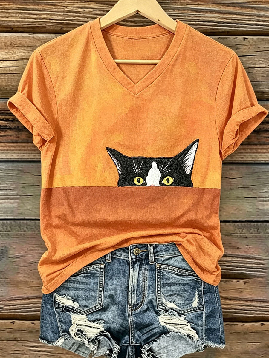 Damen-Katzenkunstdruck-Lässiges T-Shirt