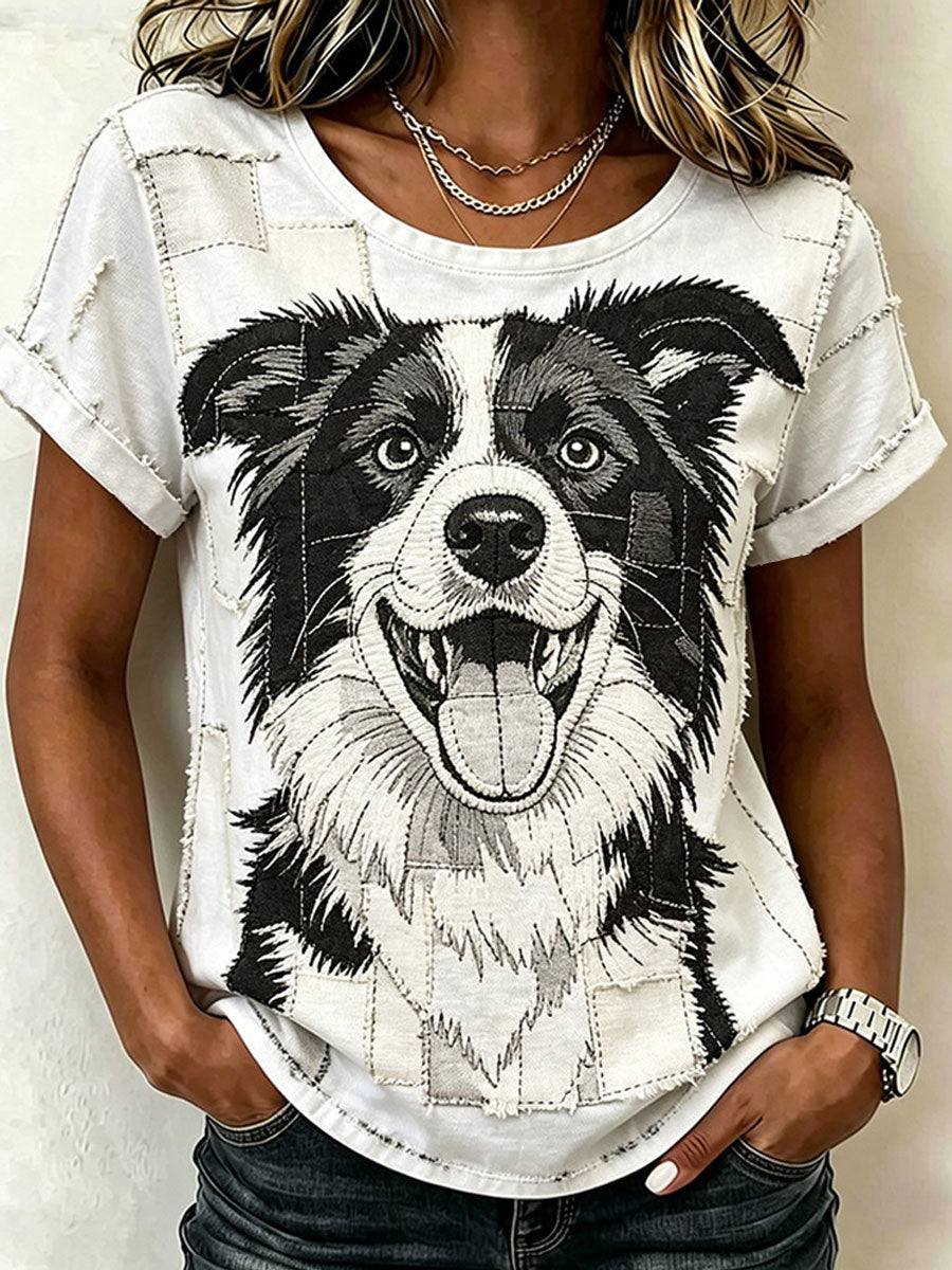 Damen süßes Tier-Hund Kurzarm-Lässiges T-Shirt