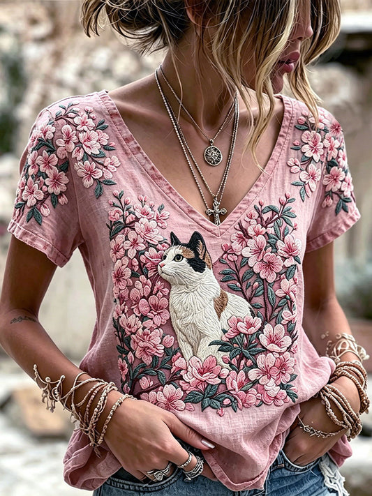Frauen niedliche Tier Katze Kurzarm lässig V-Ausschnitt T-Shirt