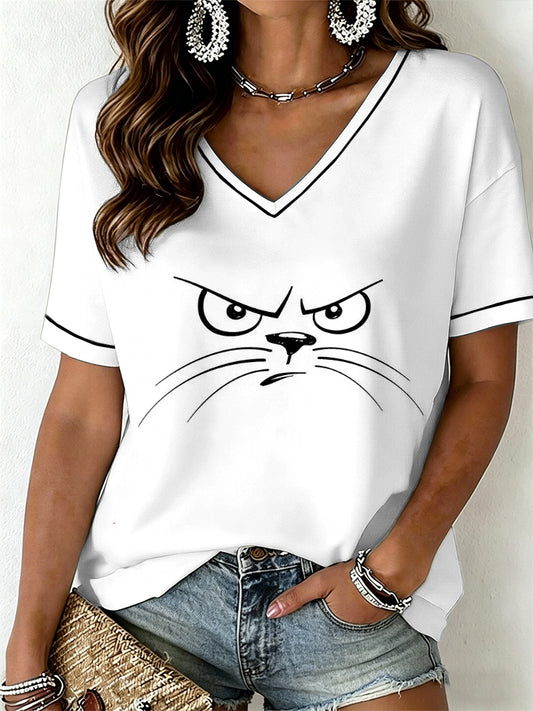 Frauen Lustige Katze V-Ausschnitt T-Shirt