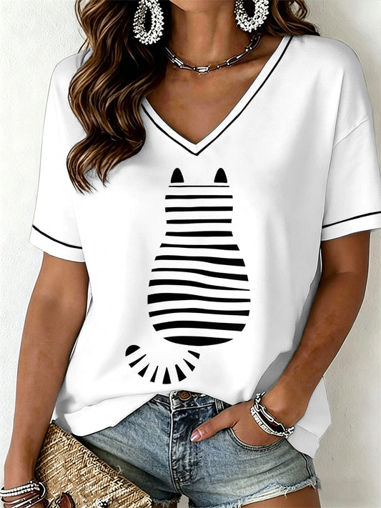 Frauen-lustiges Katzen-V-Ausschnitt-T-Shirt
