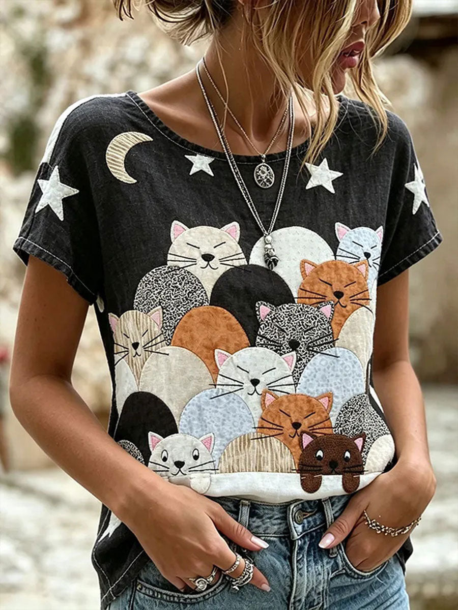 Frauen niedliche Tier Katze Kurzarm lässig T-Shirt