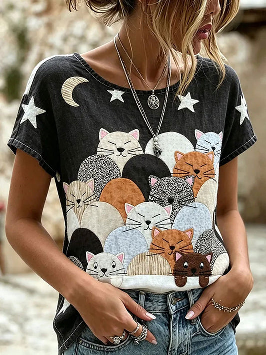 Frauen niedliche Tier Katze Kurzarm lässig T-Shirt
