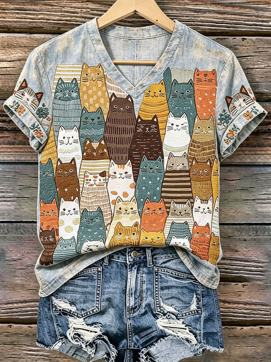 Katzen-Kunstdruck für Frauen lässig T-Shirt