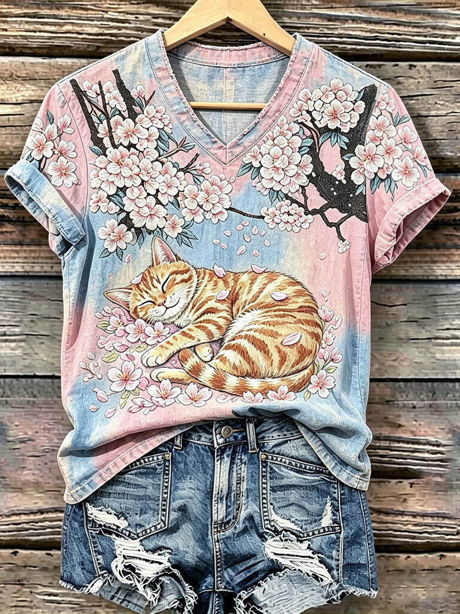 Damen-Katzenkunstdruck-Lässiges T-Shirt