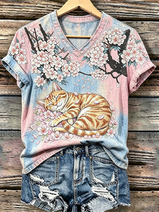 Damen-Katzenkunstdruck-Lässiges T-Shirt