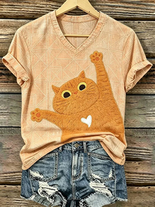 Damen-Katzenkunstdruck-Lässiges T-Shirt