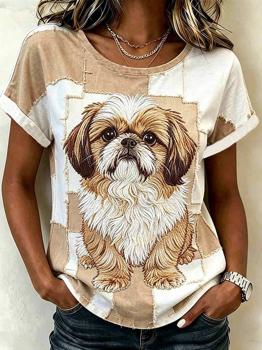 Damen süßes Tier-Hund Kurzarm-Lässiges T-Shirt