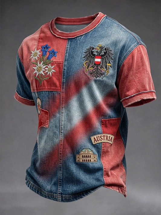 Retro österreichischer Adler-Patchwork-Casual-T-Shirt