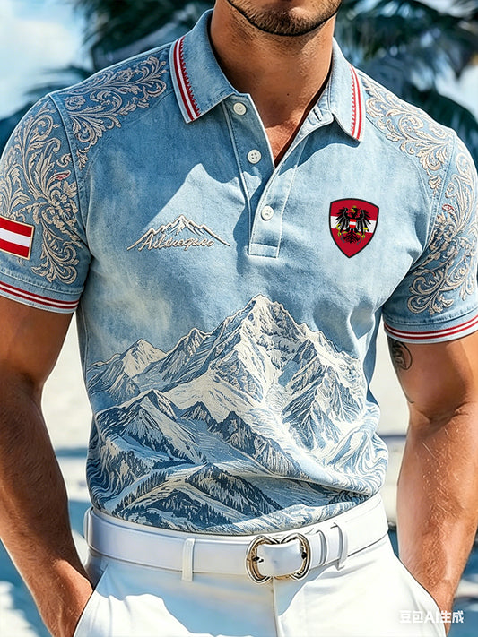 Herren-Polo mit kurzen Ärmeln und verwaschenem Landschaftsdruck