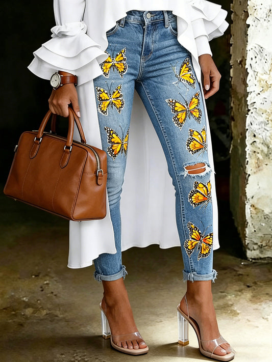 Damen-Jeans mit künstlerischem Tier- und Blumenmuster