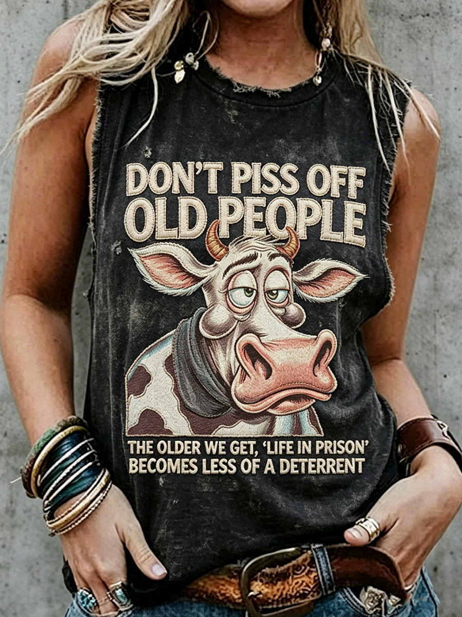 Damen-Retro-Print-Ärmelloses Tanktop mit dem Motiv „Mach keine alten Leute wütend“