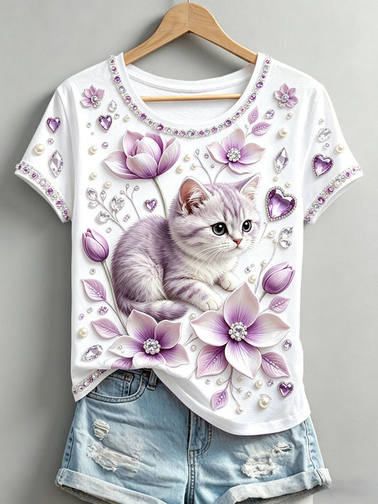 Damen-T-Shirts mit Blumen-Katzen druck