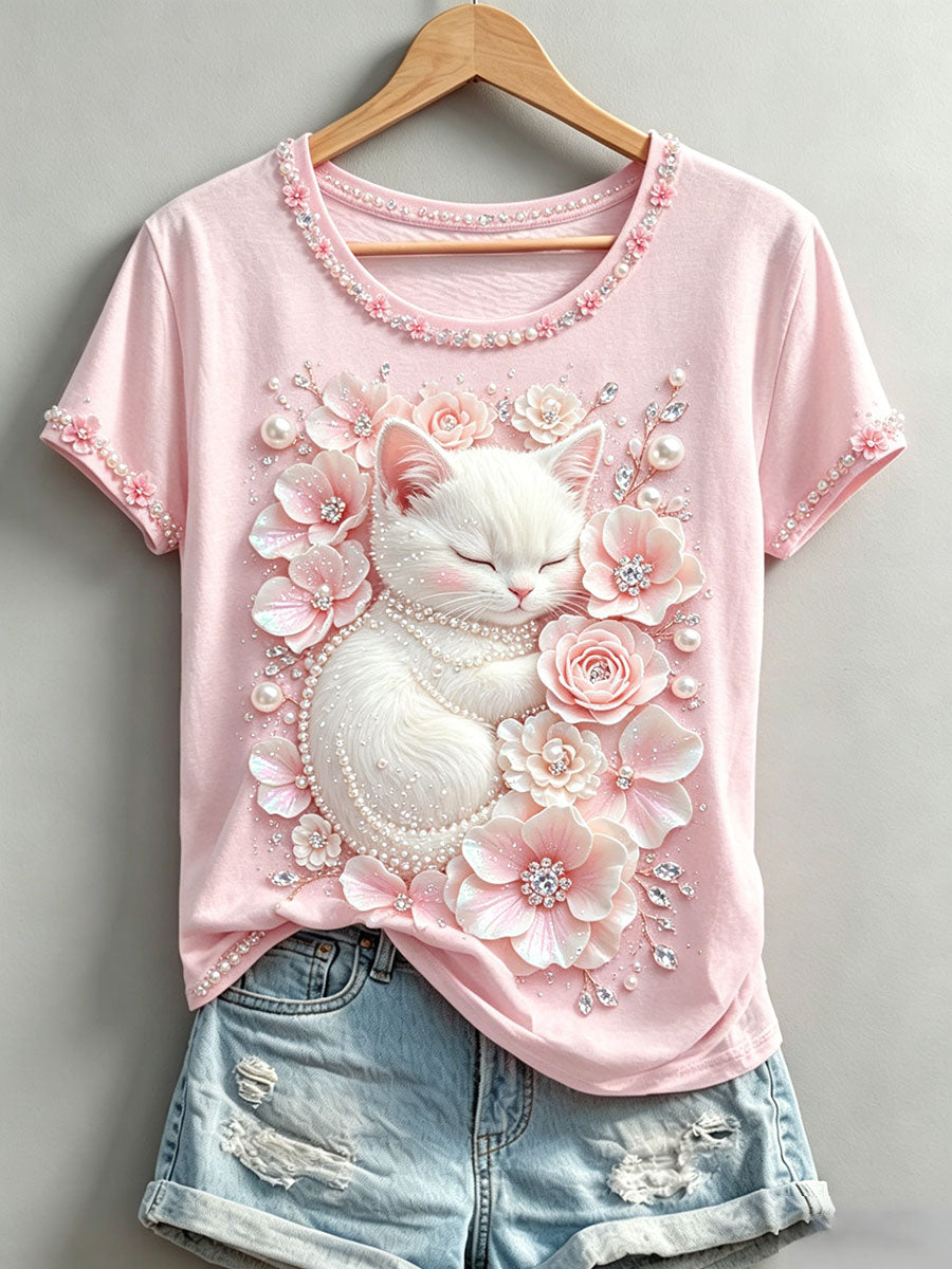 Damen-T-Shirts mit Blumen- und Katzenmuster
