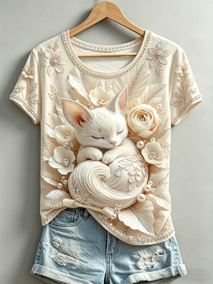 Damen-T-Shirts mit Blumen- und Katzenmuster
