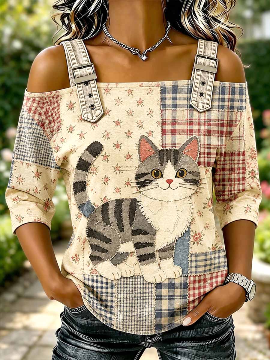 Damenmode Tier und Blumen Patchwork Print T-Shirt