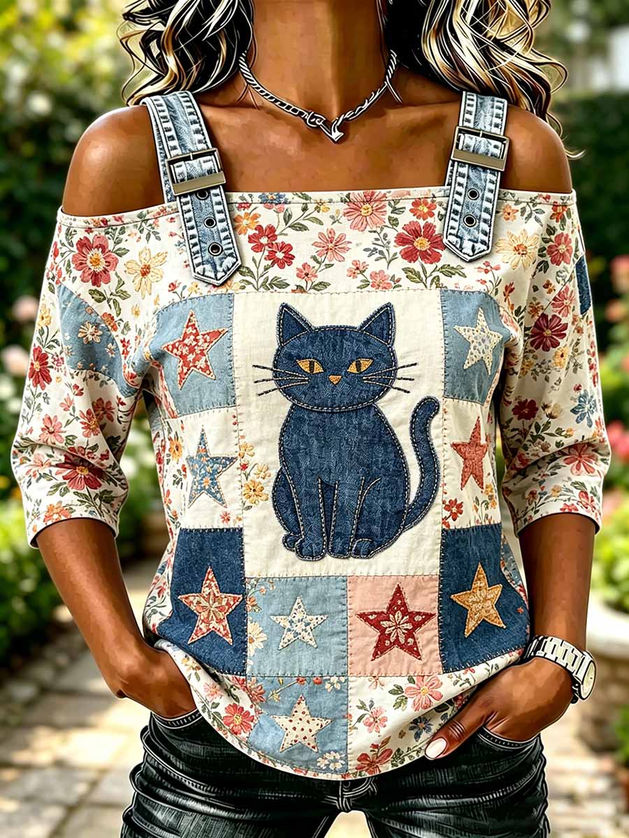 Damenmode T-Shirt mit Tier- und Blumen-Patchwork-Print